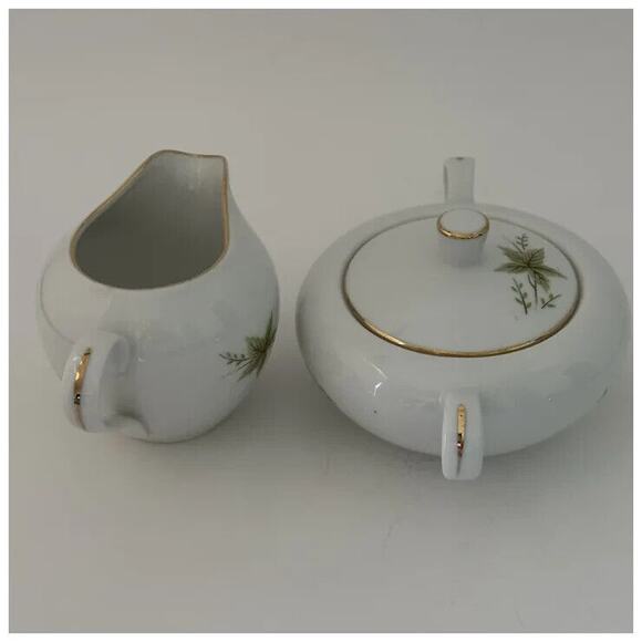 FINE CHINA OF JAPAN, Creamer & Sugar Bowl w/Lid, White with Pink, Green & Brown - Picture 3 of 15